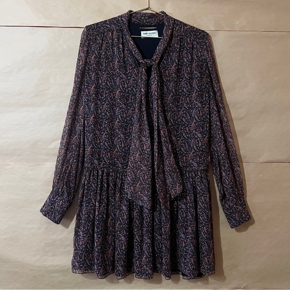Saint Laurent | Silk Chiffon Paisley Print Mini Dress Tie Neck Size 4 (FR 36)